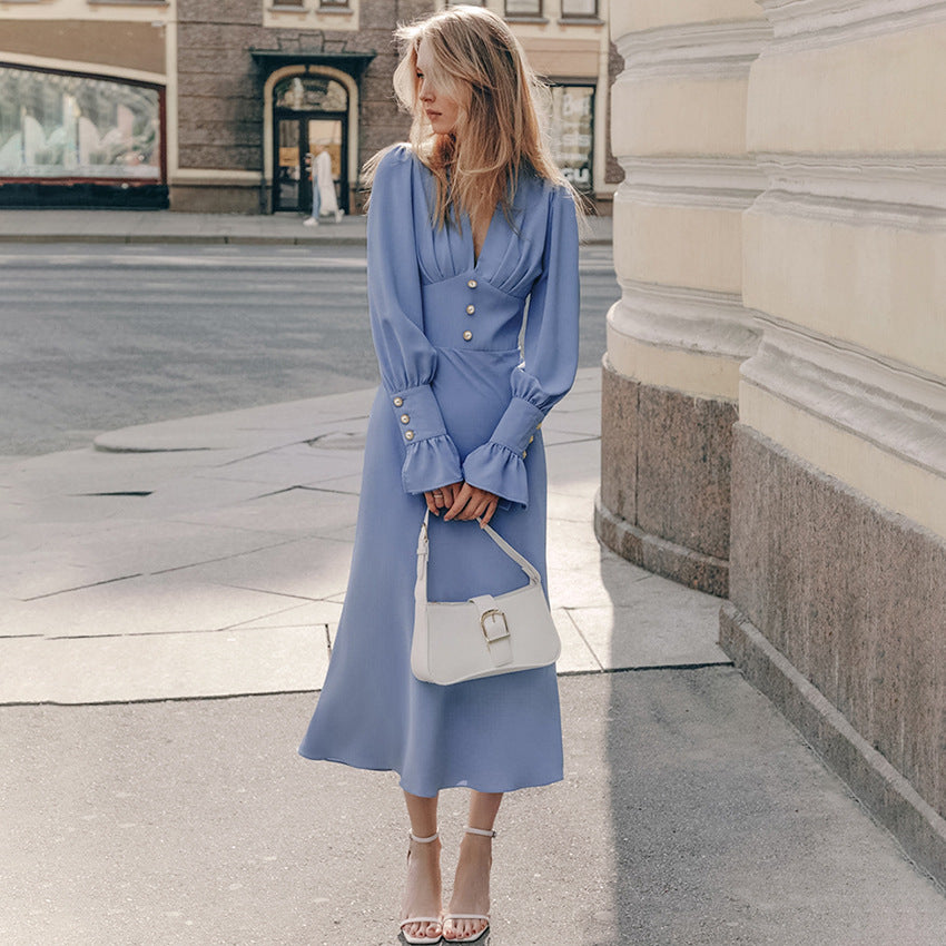 French Lantern Sleeve V-Neck Dress - Elegant Retro Style