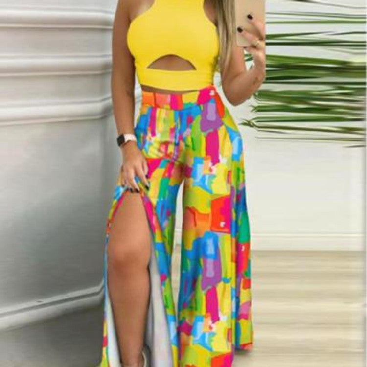 2021 European Style Floral Sleeveless Pantsuit Set