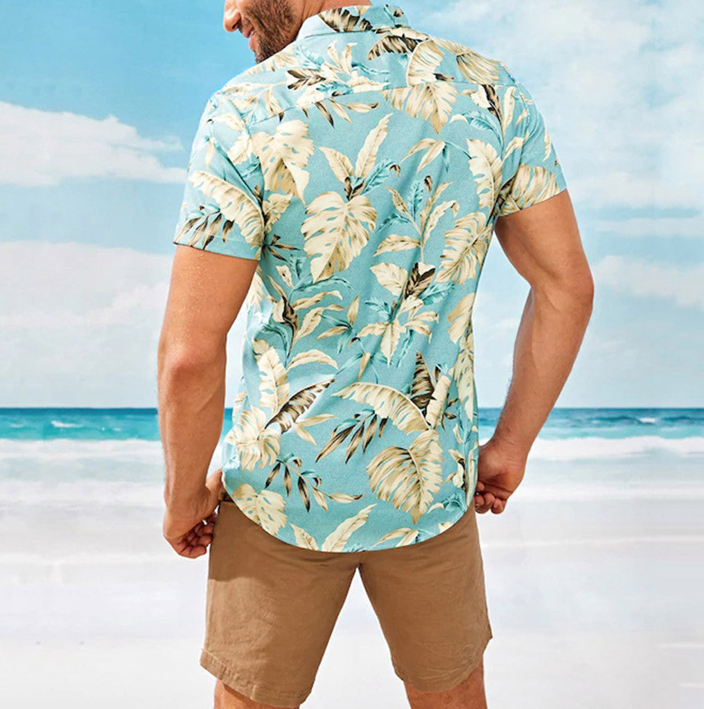 Printed Beach Men's Shirt, Loose Fit Short Sleeve