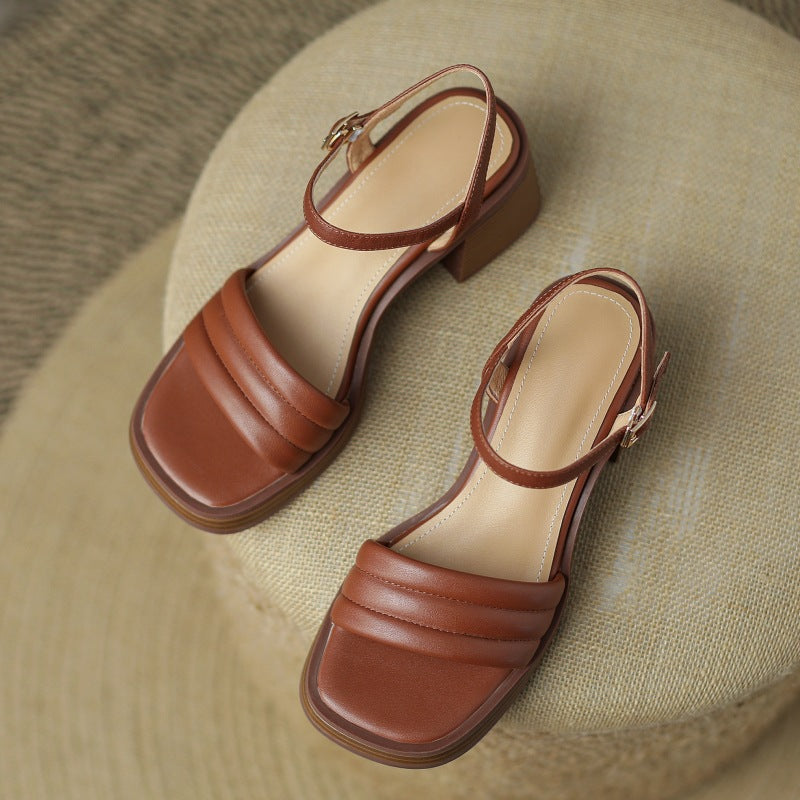 2023 Summer Vintage Brown Chunky Heel Sandals