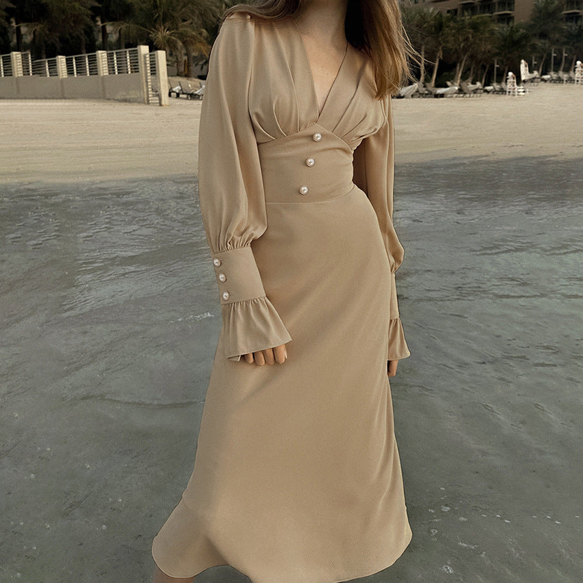 French Lantern Sleeve V-Neck Dress - Elegant Retro Style