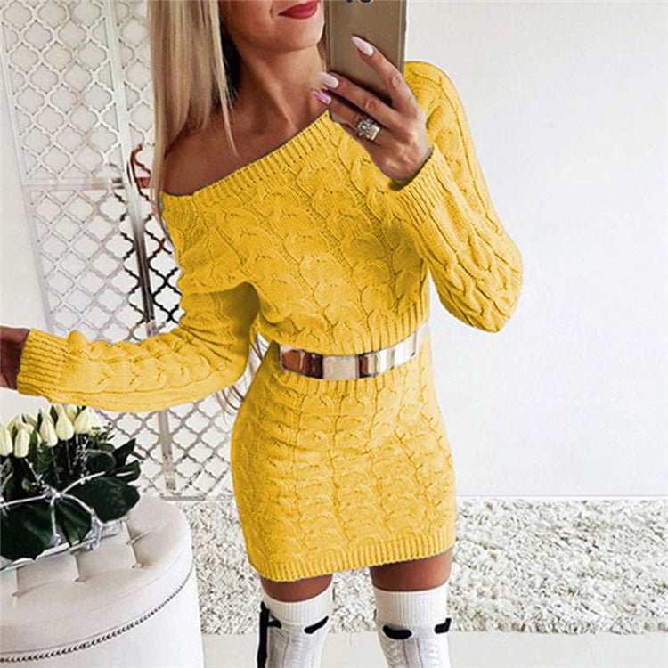 Fluorescent Color Knit Sweater Dress with Waist Tie