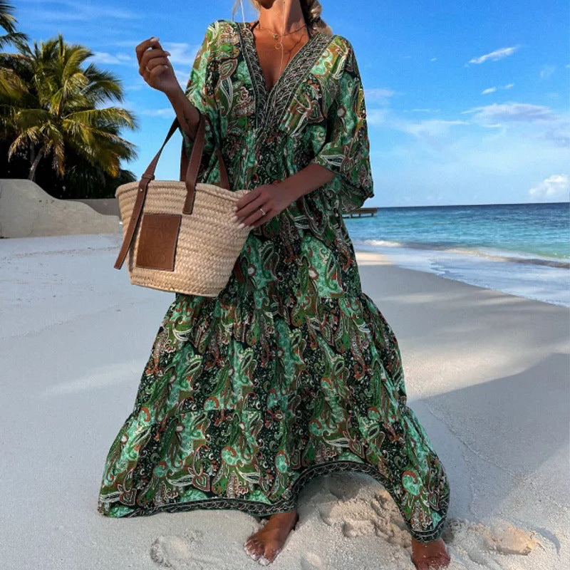 Bohemian Style V-Neck Floral Maxi Dress for Women