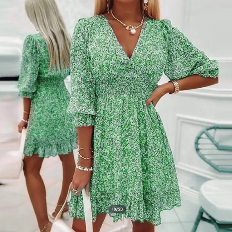 2023 Bohemian Floral Midi Dress with Cinched Waist