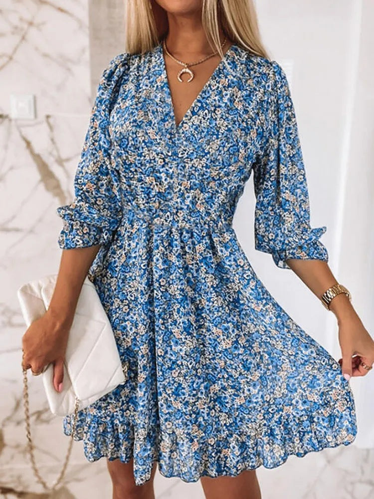2023 Bohemian Floral Midi Dress with Cinched Waist