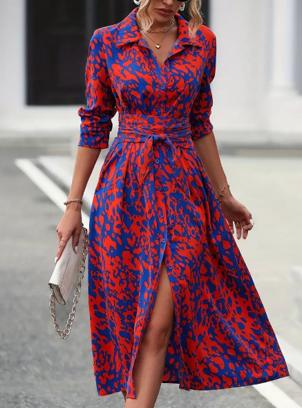 Vestido Largo de Manga Larga y Cintura con Botones Estampados (Una Pieza)