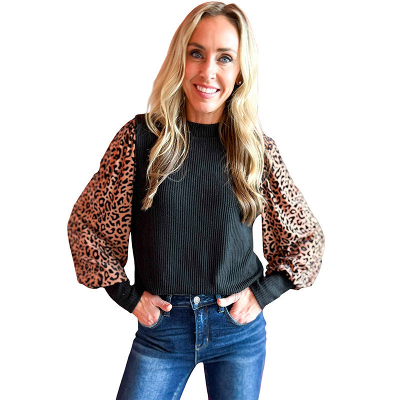 Women's Leopard Print Knit Pullover Top for Fall