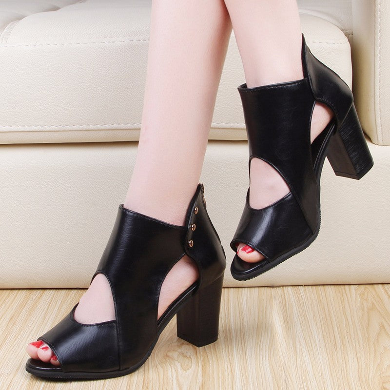 Summer Korean Style Chunky Heeled Cutout Sandals
