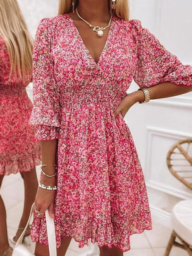 2023 Bohemian Floral Midi Dress with Cinched Waist