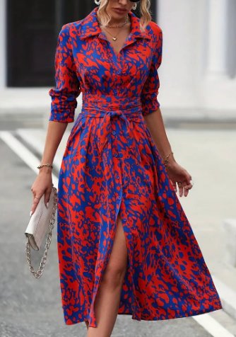 Vestido Largo de Manga Larga y Cintura con Botones Estampados (Una Pieza)