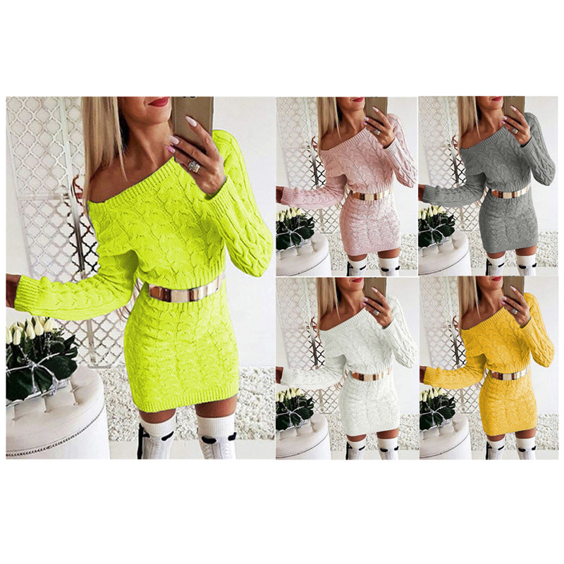 Fluorescent Color Knit Sweater Dress with Waist Tie